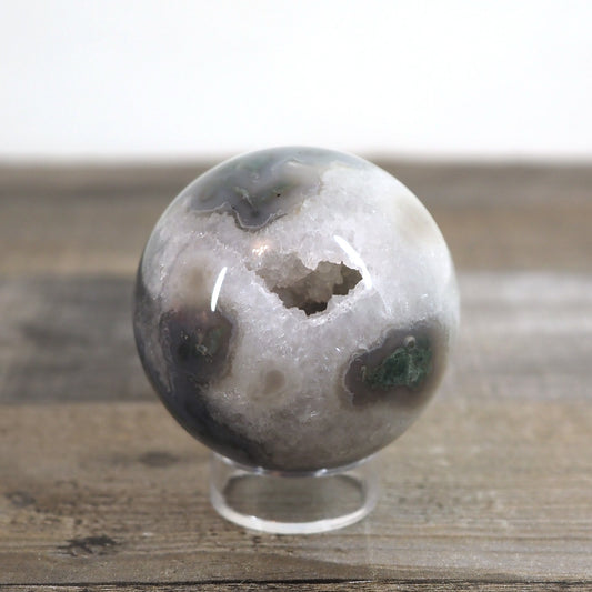 Moss Agate Sphere I with Sparkling Quartz Cave and Blue Chalcedony