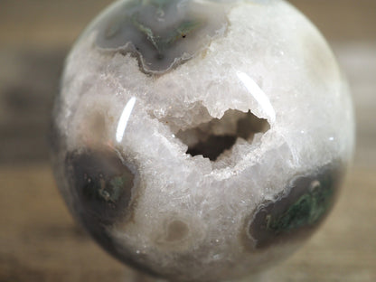 Moss Agate Sphere I with Sparkling Quartz Cave and Blue Chalcedony