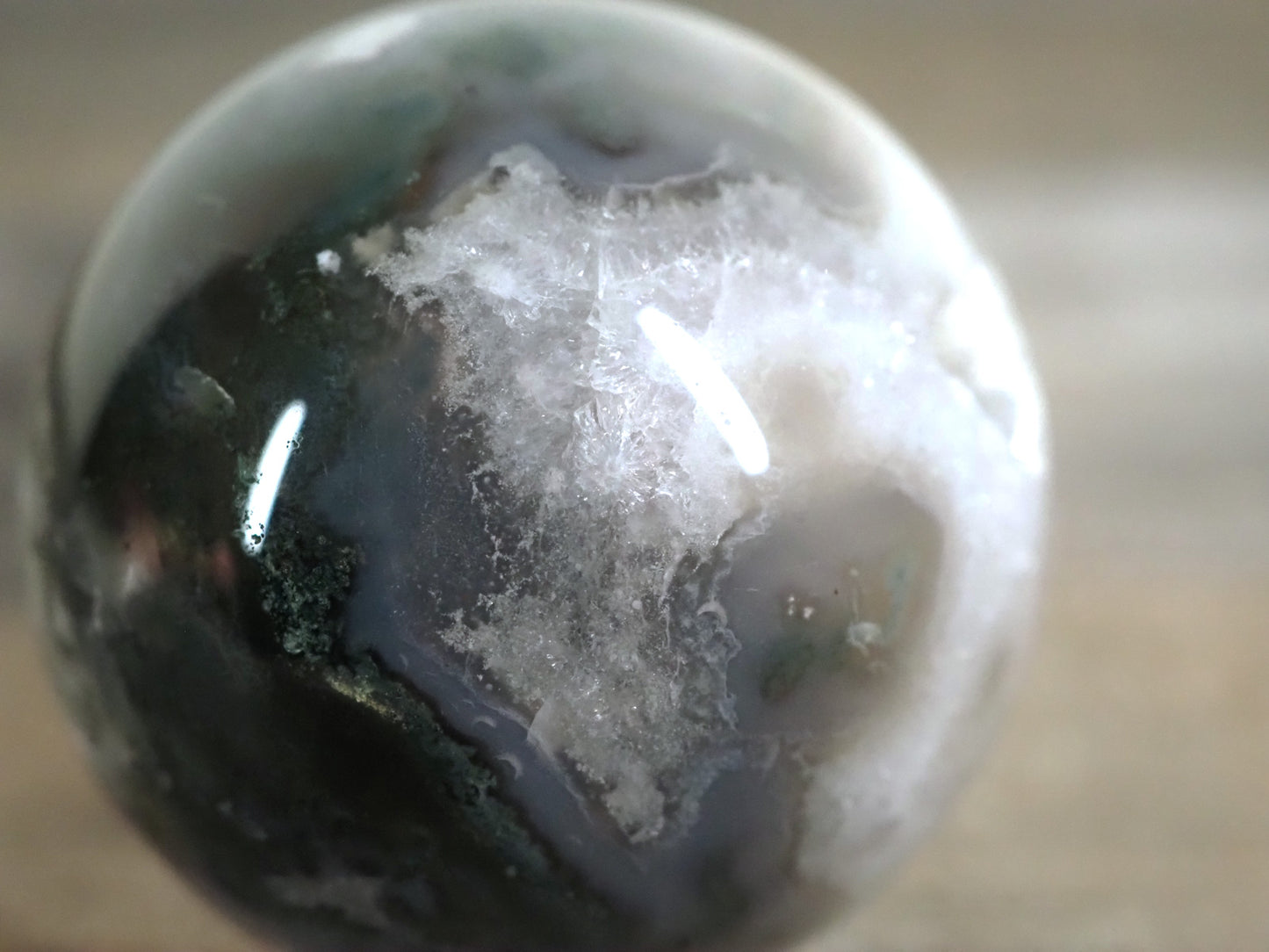 Moss Agate Sphere I with Sparkling Quartz Cave and Blue Chalcedony