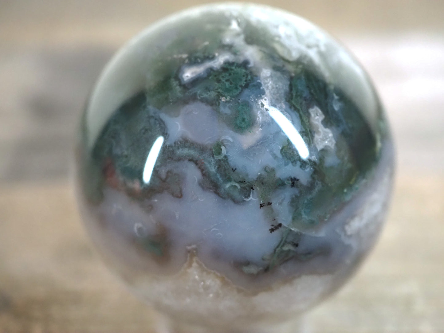 Moss Agate Sphere I with Sparkling Quartz Cave and Blue Chalcedony