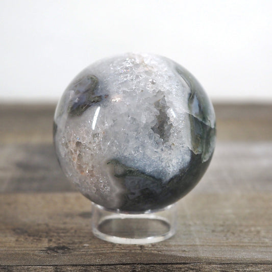 Moss Agate Sphere J with Sparkling Quartz Cave and Blue Chalcedony