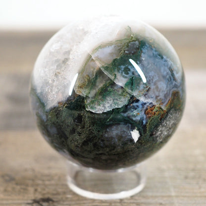 Moss Agate Sphere J with Sparkling Quartz Cave and Blue Chalcedony