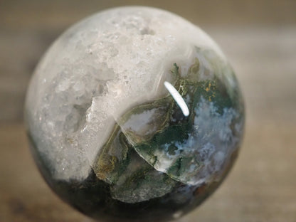 Moss Agate Sphere J with Sparkling Quartz Cave and Blue Chalcedony