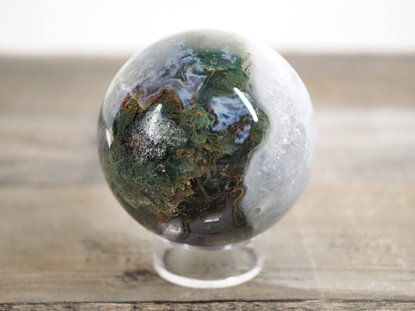 Moss Agate Sphere J with Sparkling Quartz Cave and Blue Chalcedony