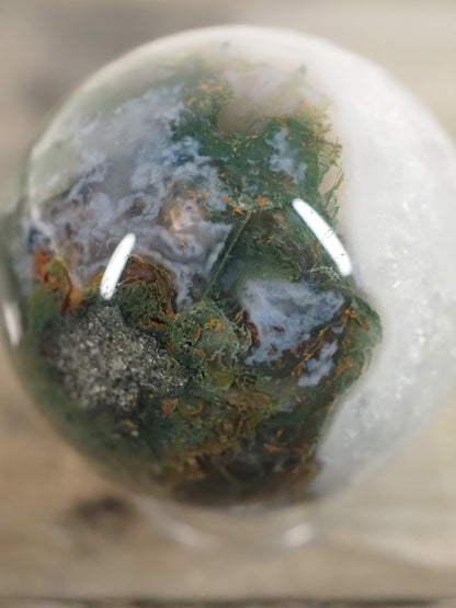 Moss Agate Sphere J with Sparkling Quartz Cave and Blue Chalcedony