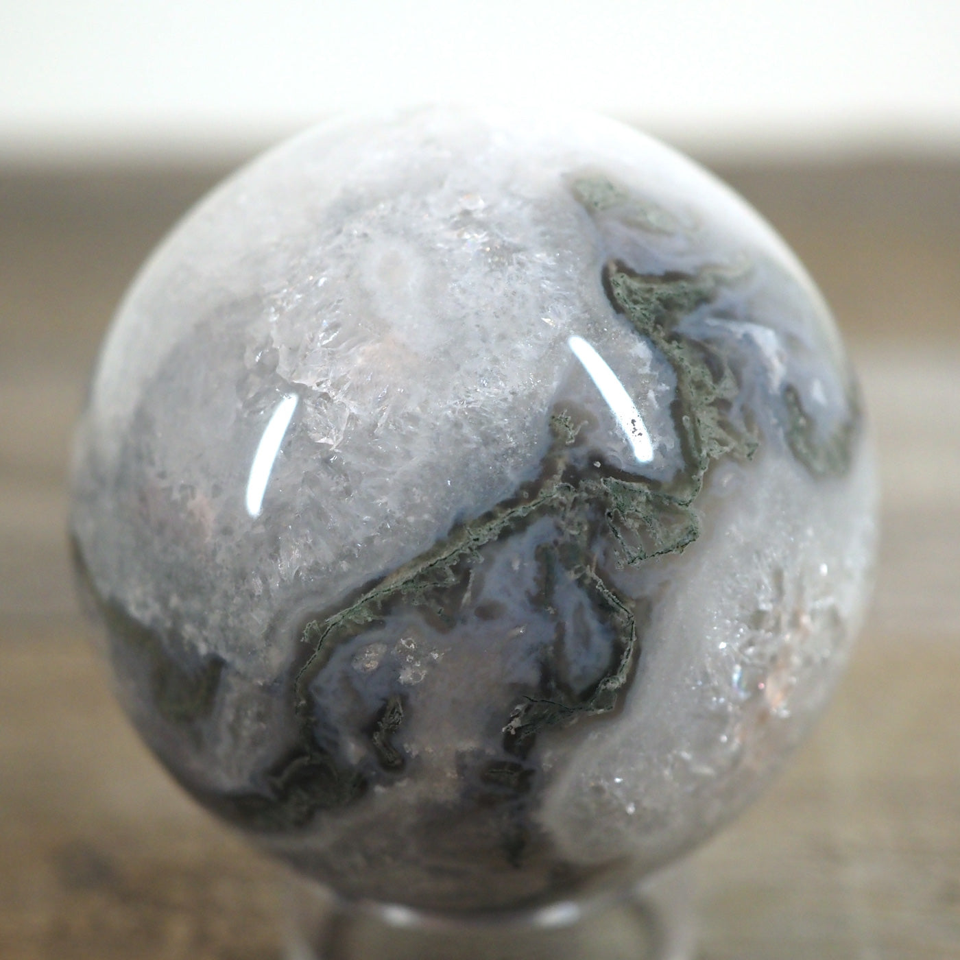 Moss Agate Sphere J with Sparkling Quartz Cave and Blue Chalcedony