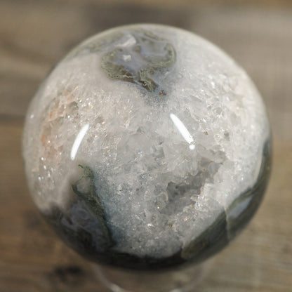 Moss Agate Sphere J with Sparkling Quartz Cave and Blue Chalcedony