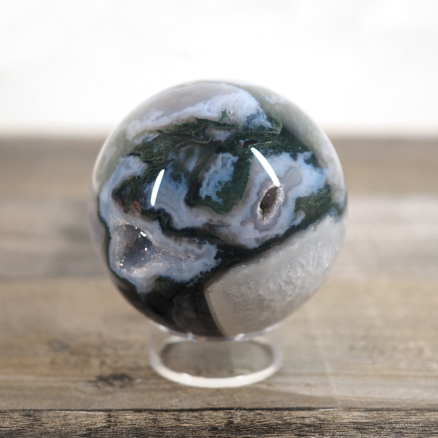 Moss Agate Sphere K with Druzy Quartz Cave and Blue Chalcedony