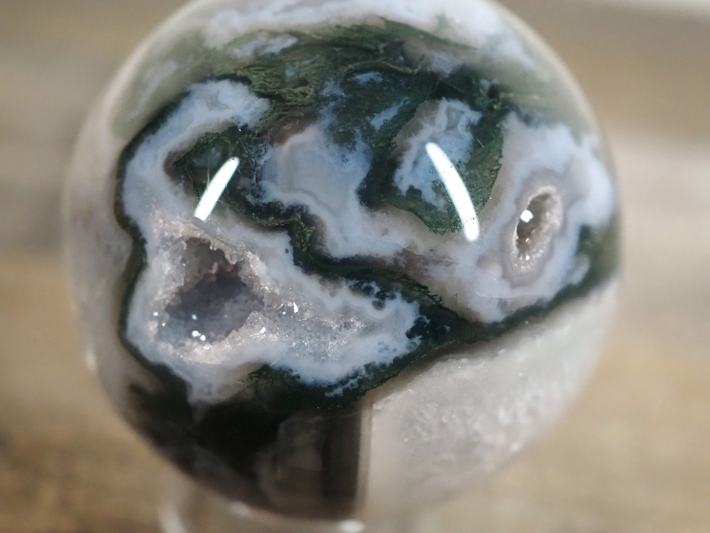 Moss Agate Sphere K with Druzy Quartz Cave and Blue Chalcedony