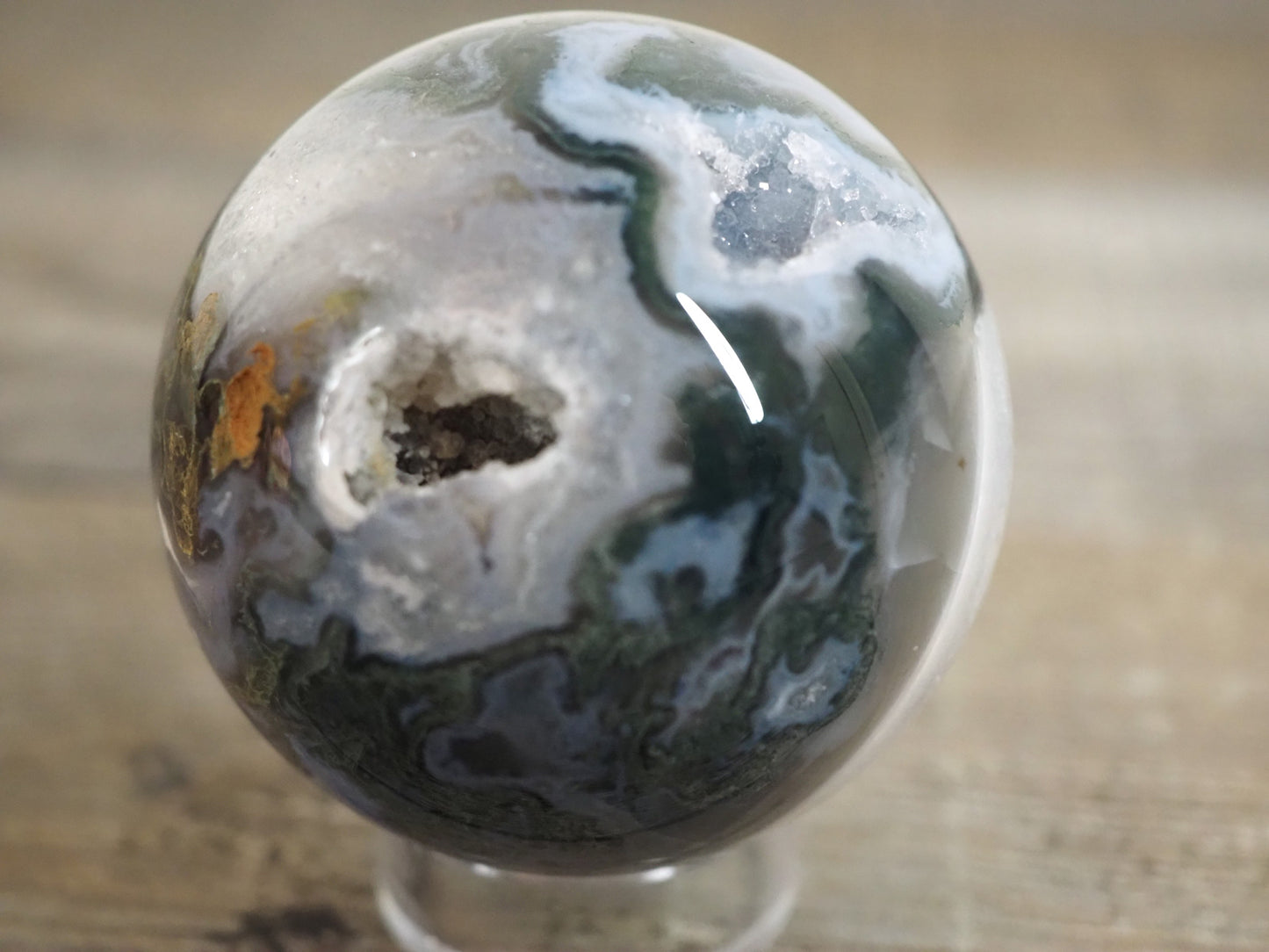 Moss Agate Sphere K with Druzy Quartz Cave and Blue Chalcedony