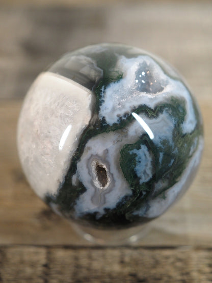 Moss Agate Sphere K with Druzy Quartz Cave and Blue Chalcedony