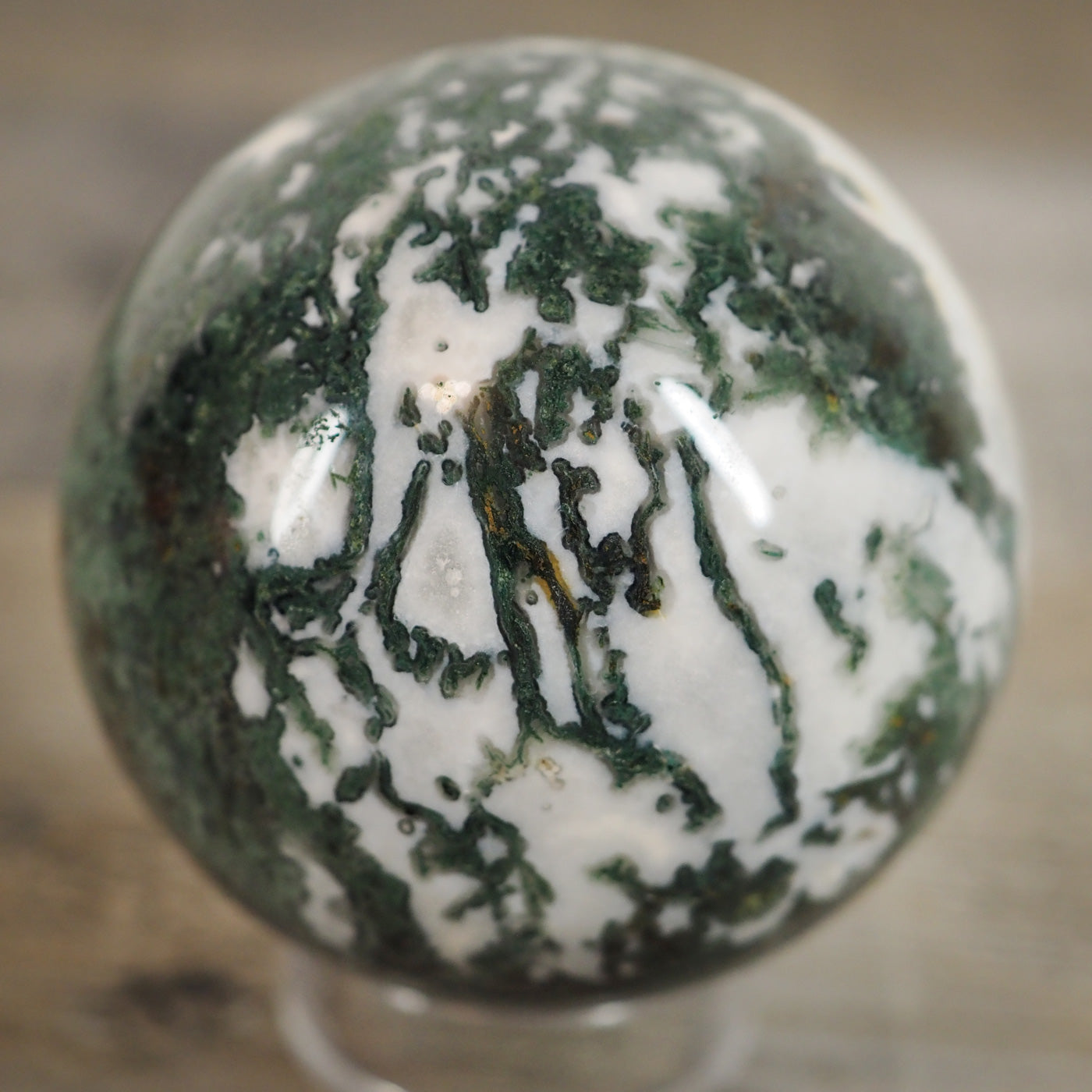 Moss Agate Sphere L with Druzy and Quartz Cave