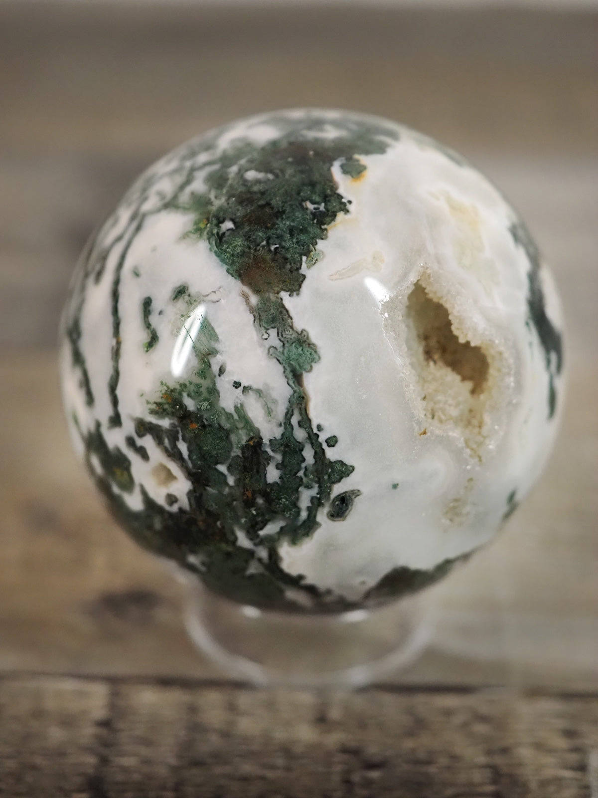 Moss Agate Sphere L with Druzy and Quartz Cave