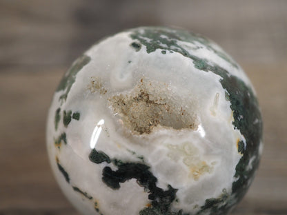 Moss Agate Sphere L with Druzy and Quartz Cave