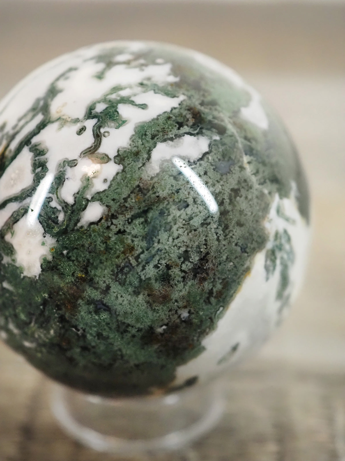 Moss Agate Sphere L with Druzy and Quartz Cave