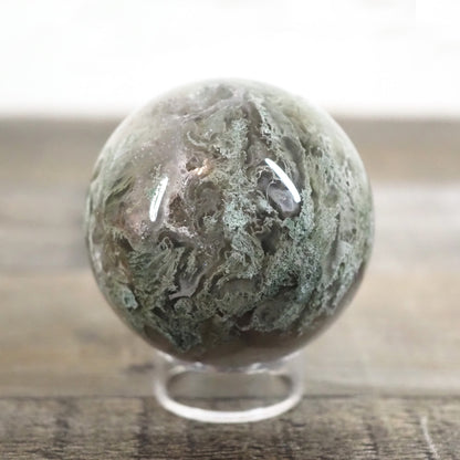 Moss Agate Sphere M with Druzy, Quartz Cave, and Blue Chalcedony