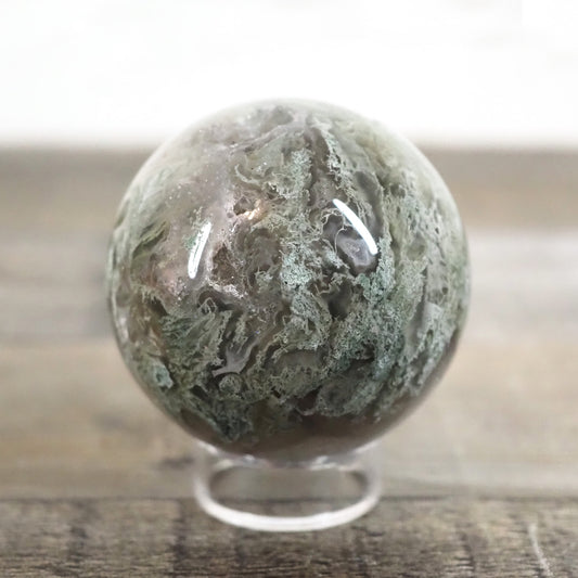 Moss Agate Sphere M with Druzy, Quartz Cave, and Blue Chalcedony