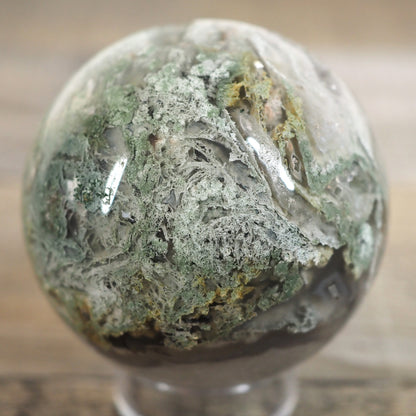 Moss Agate Sphere M with Druzy, Quartz Cave, and Blue Chalcedony