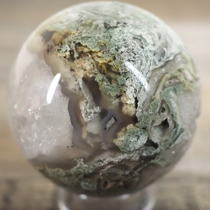 Moss Agate Sphere M with Druzy, Quartz Cave, and Blue Chalcedony