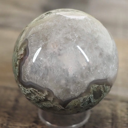 Moss Agate Sphere M with Druzy, Quartz Cave, and Blue Chalcedony