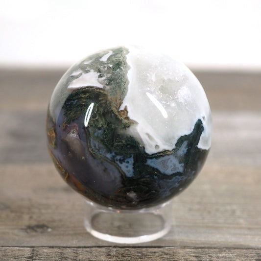 Moss Agate Sphere N with Druzy and Quartz Cave