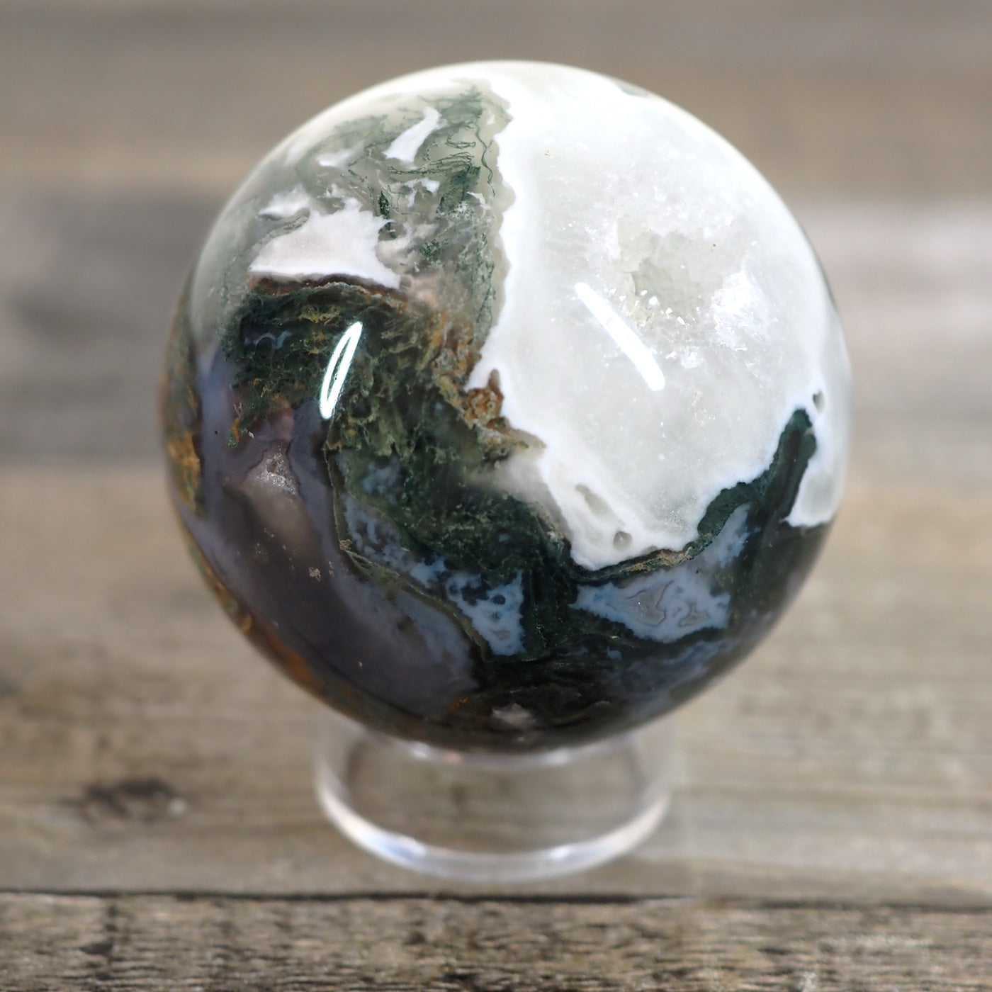 Moss Agate Sphere N with Druzy and Quartz Cave