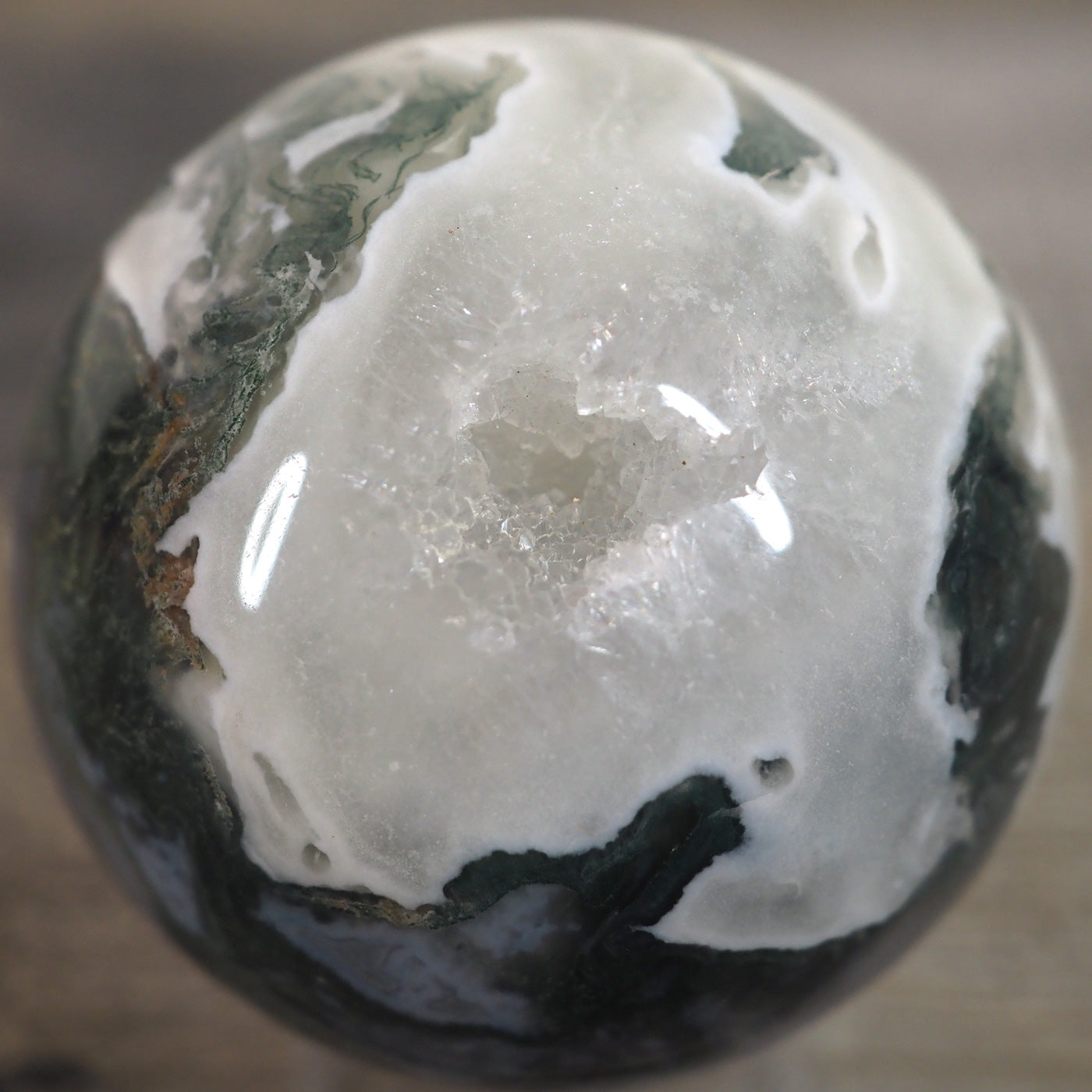 Moss Agate Sphere N with Druzy and Quartz Cave