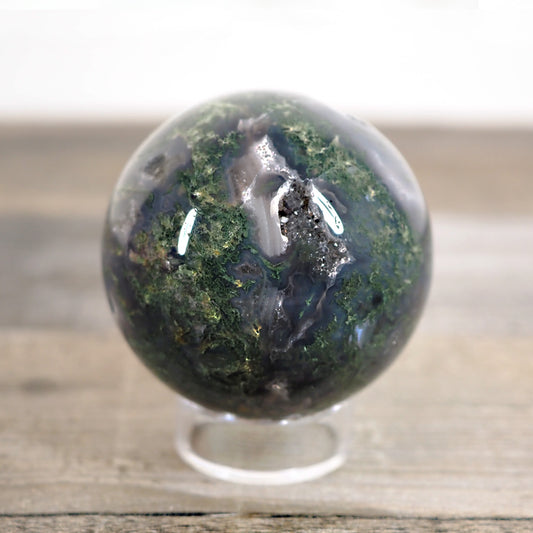 Moss Agate Sphere O with Deep Blue Coloring and Sparkling Druzy