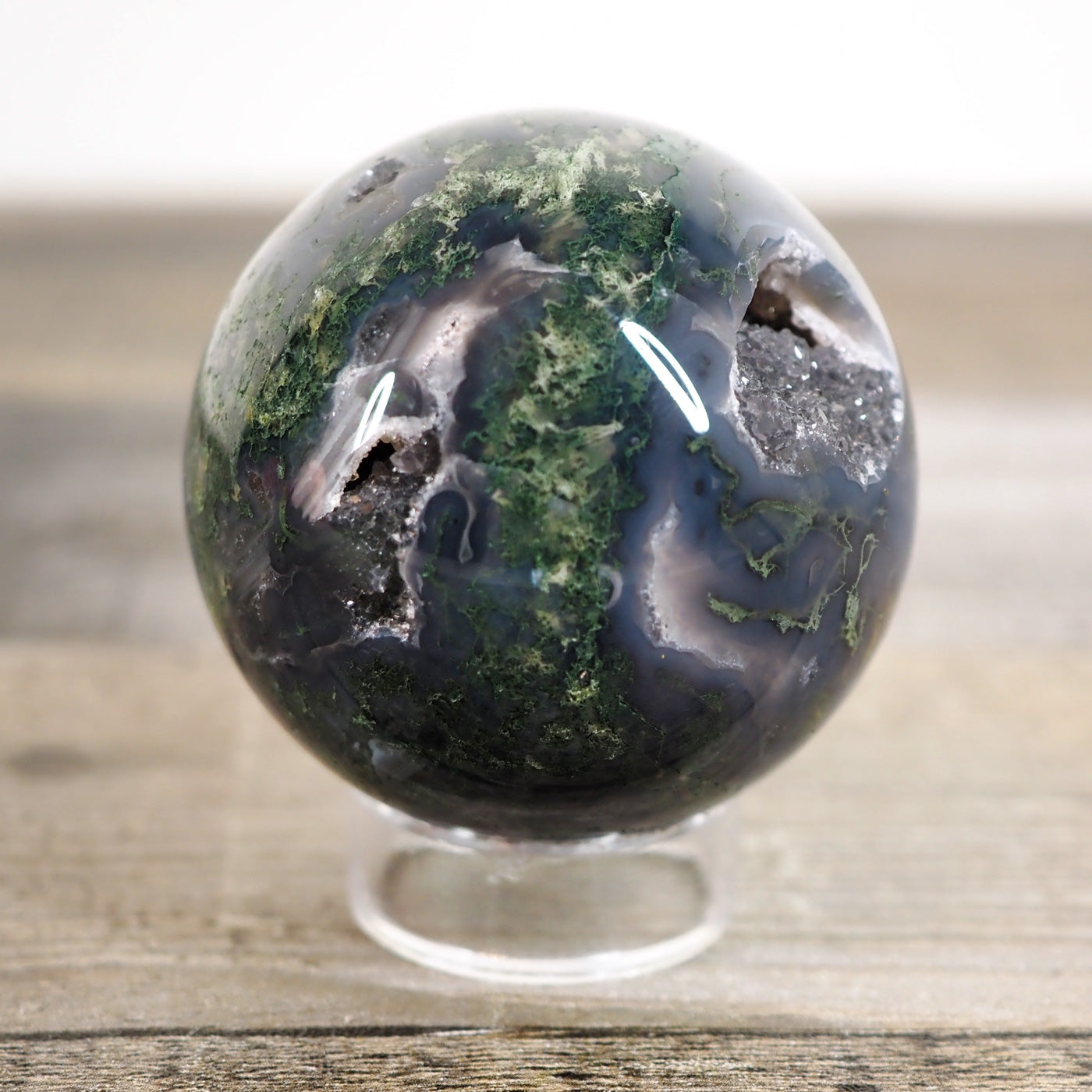 Moss Agate Sphere O with Deep Blue Coloring and Sparkling Druzy