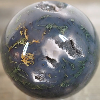 Moss Agate Sphere O with Deep Blue Coloring and Sparkling Druzy