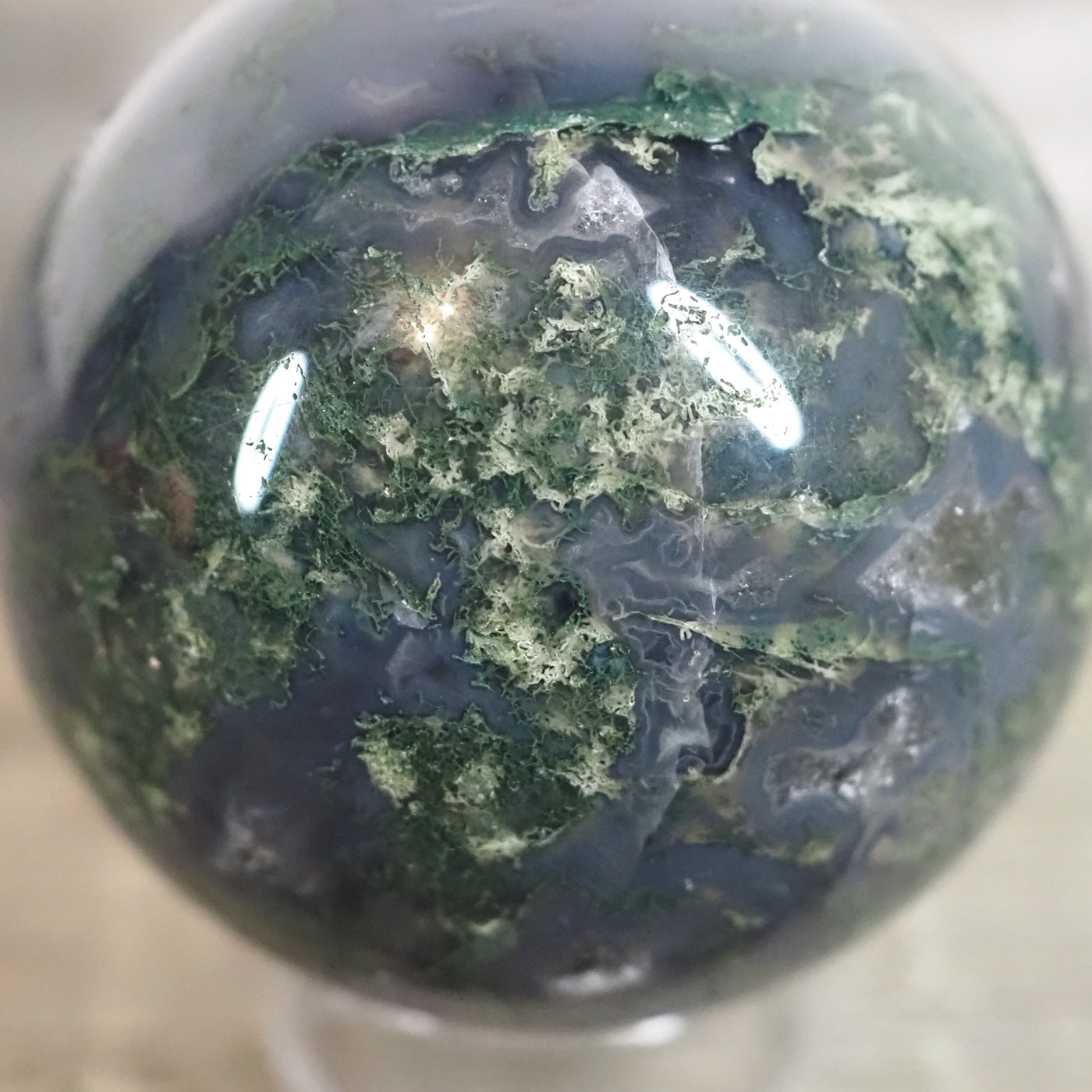 Moss Agate Sphere O with Deep Blue Coloring and Sparkling Druzy