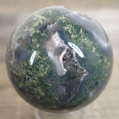 Moss Agate Sphere O with Deep Blue Coloring and Sparkling Druzy