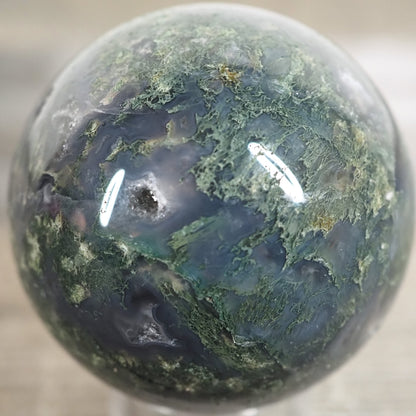 Moss Agate Sphere O with Deep Blue Coloring and Sparkling Druzy