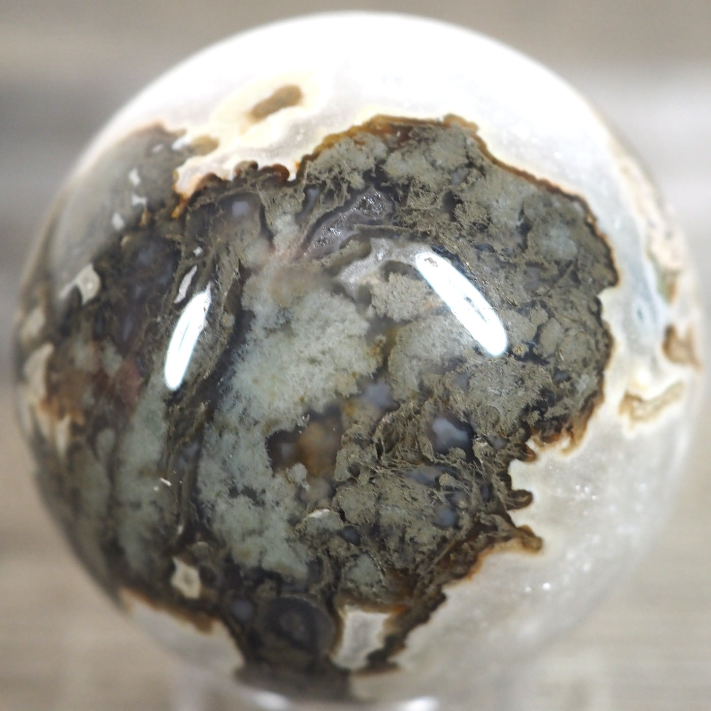 Moss Agate Sphere P with Sparkling Quartz and Green and Gold "Moss"