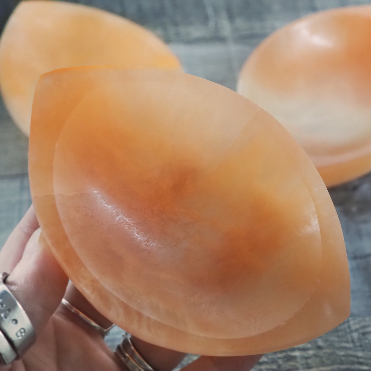 Peach Satin Spar Selenite Eye-Shaped Bowls