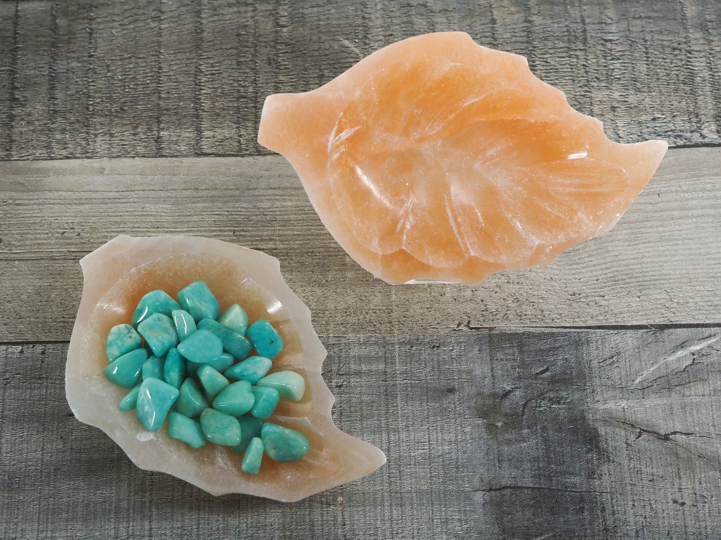 Peach Satin Spar Selenite Leaf-Shaped Bowls