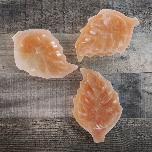 Peach Satin Spar Selenite Leaf-Shaped Bowls
