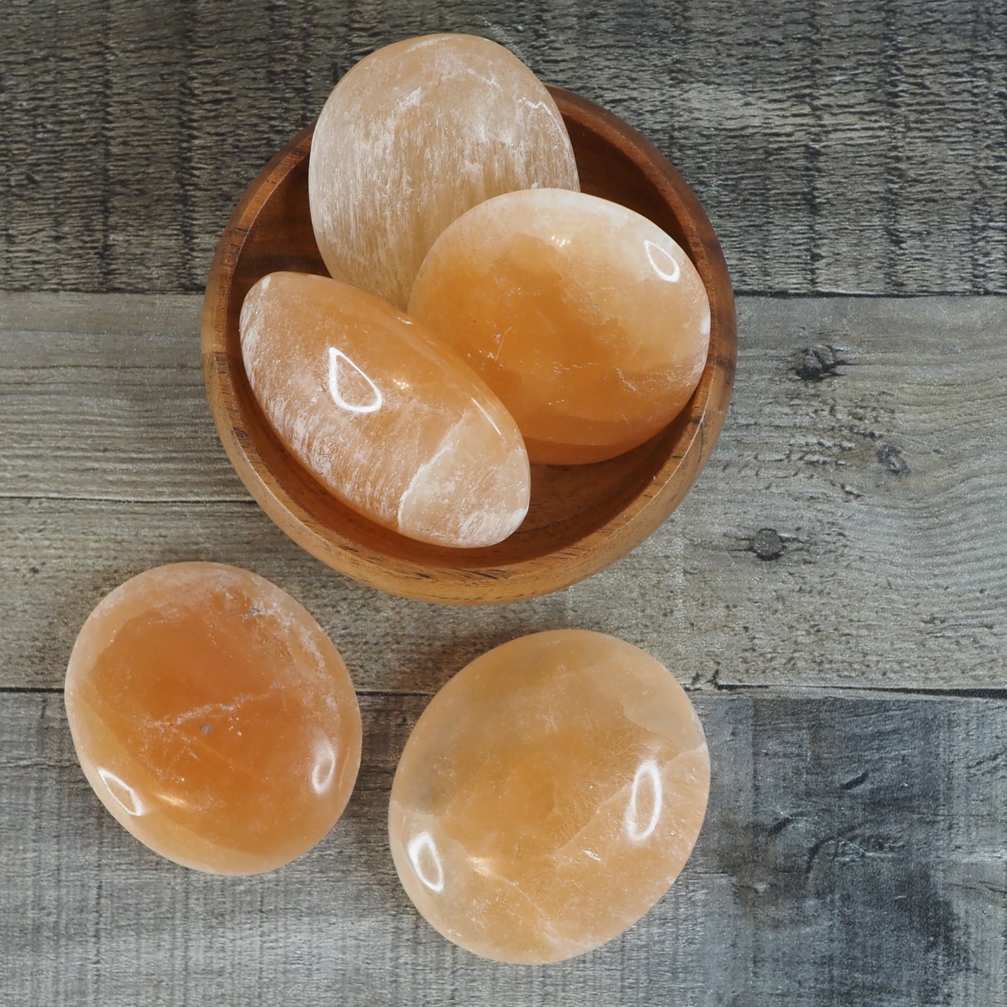 Peach Satin Spar Selenite Palm Stones from Morocco