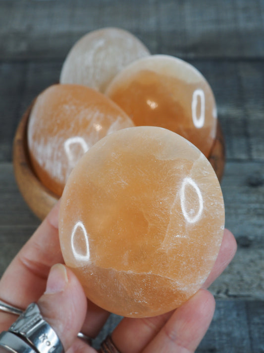 Peach Satin Spar Selenite Palm Stones from Morocco