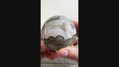 Moss Agate Sphere F with Sparkling Druzy Pockets and Blue Chalcedony