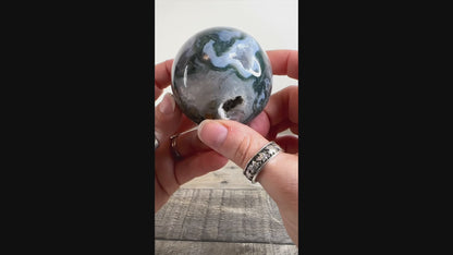 Moss Agate Sphere K with Druzy Quartz Cave and Blue Chalcedony