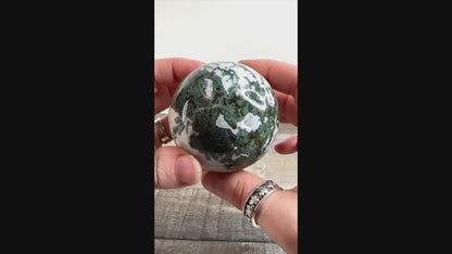 Moss Agate Sphere L with Druzy and Quartz Cave