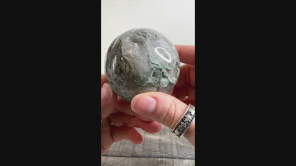 Moss Agate Sphere M with Druzy, Quartz Cave, and Blue Chalcedony