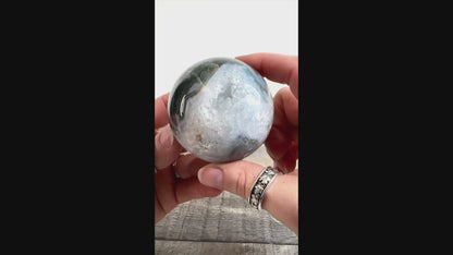 Moss Agate Sphere J with Sparkling Quartz Cave and Blue Chalcedony