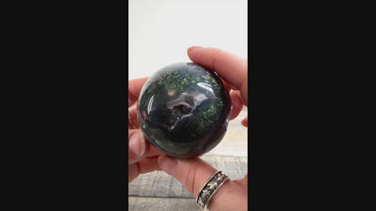 Moss Agate Sphere O with Deep Blue Coloring and Sparkling Druzy