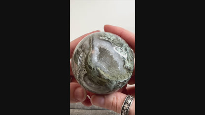 Moss Agate Sphere E with Sparkling Druzy Pockets