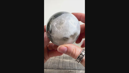 Moss Agate Sphere G with Druzy Pockets and Blue Chalcedony