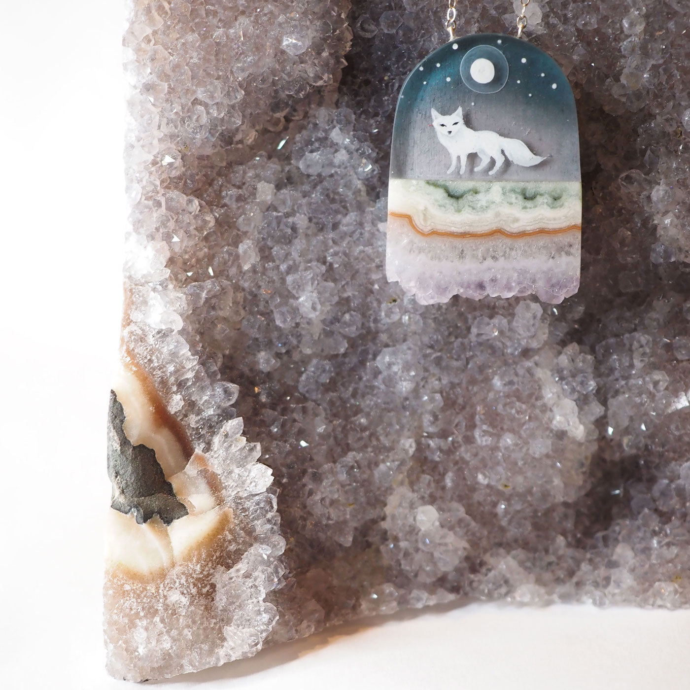 Arctic fox under the moon, hand-painted resin and amethyst necklace