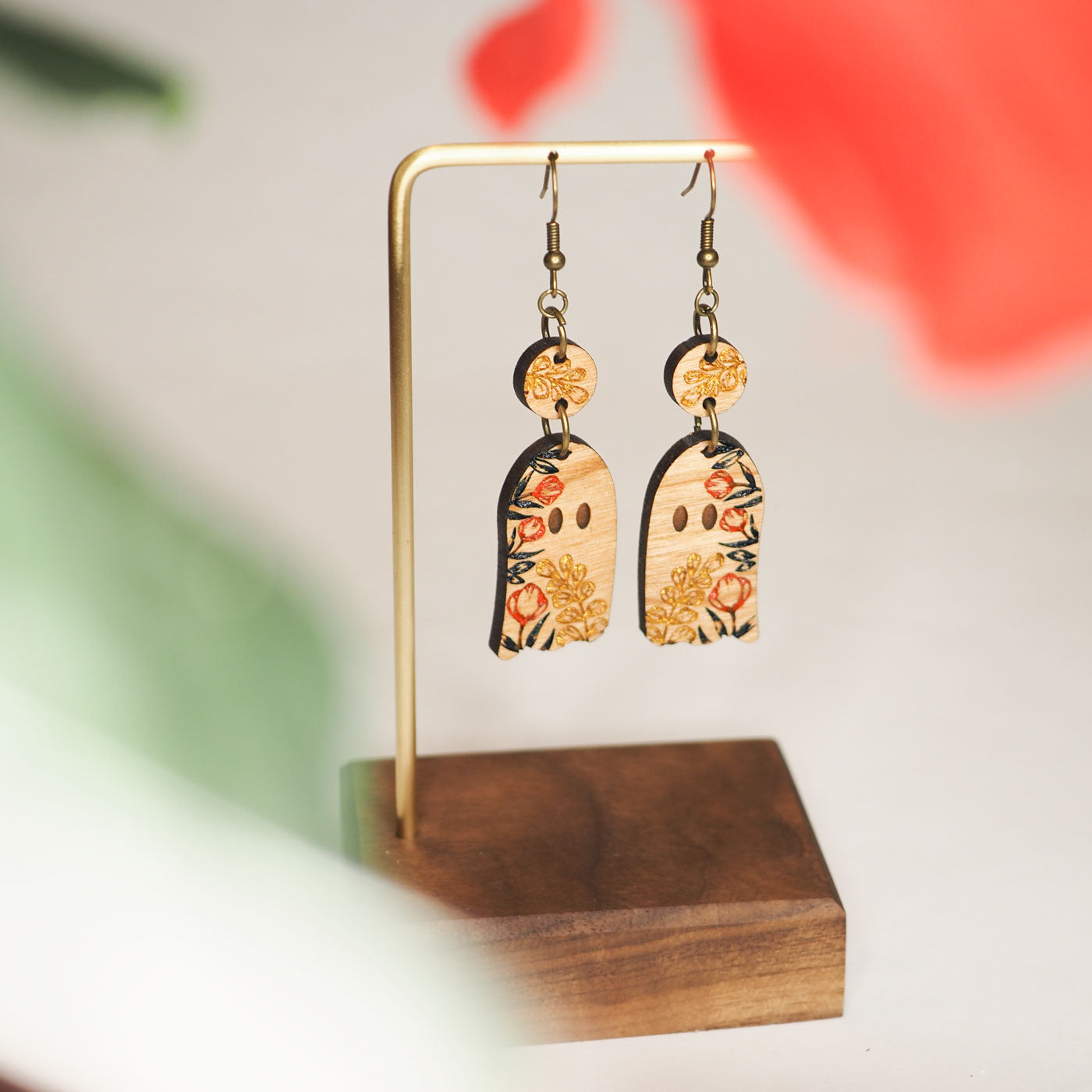 Cherry wood ghost-shaped dangle earrings with red and gold hand-painted flowers