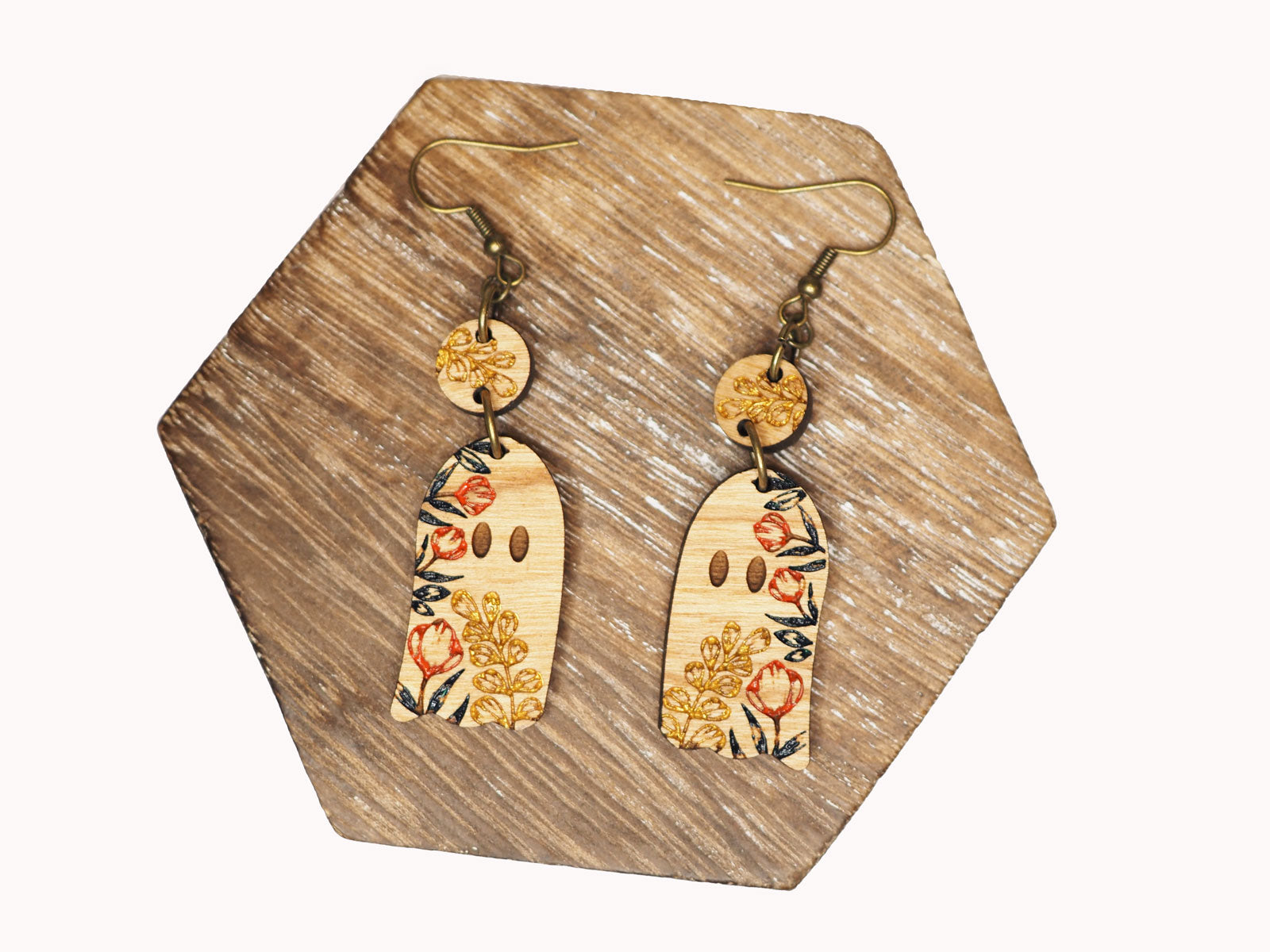 Cherry wood ghost-shaped dangle earrings with red and gold hand-painted flowers